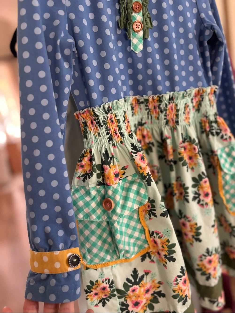 Matilda Jane with Joanna Gaines Blue Polka Dot & Mint Floral Long Sleeve Dress